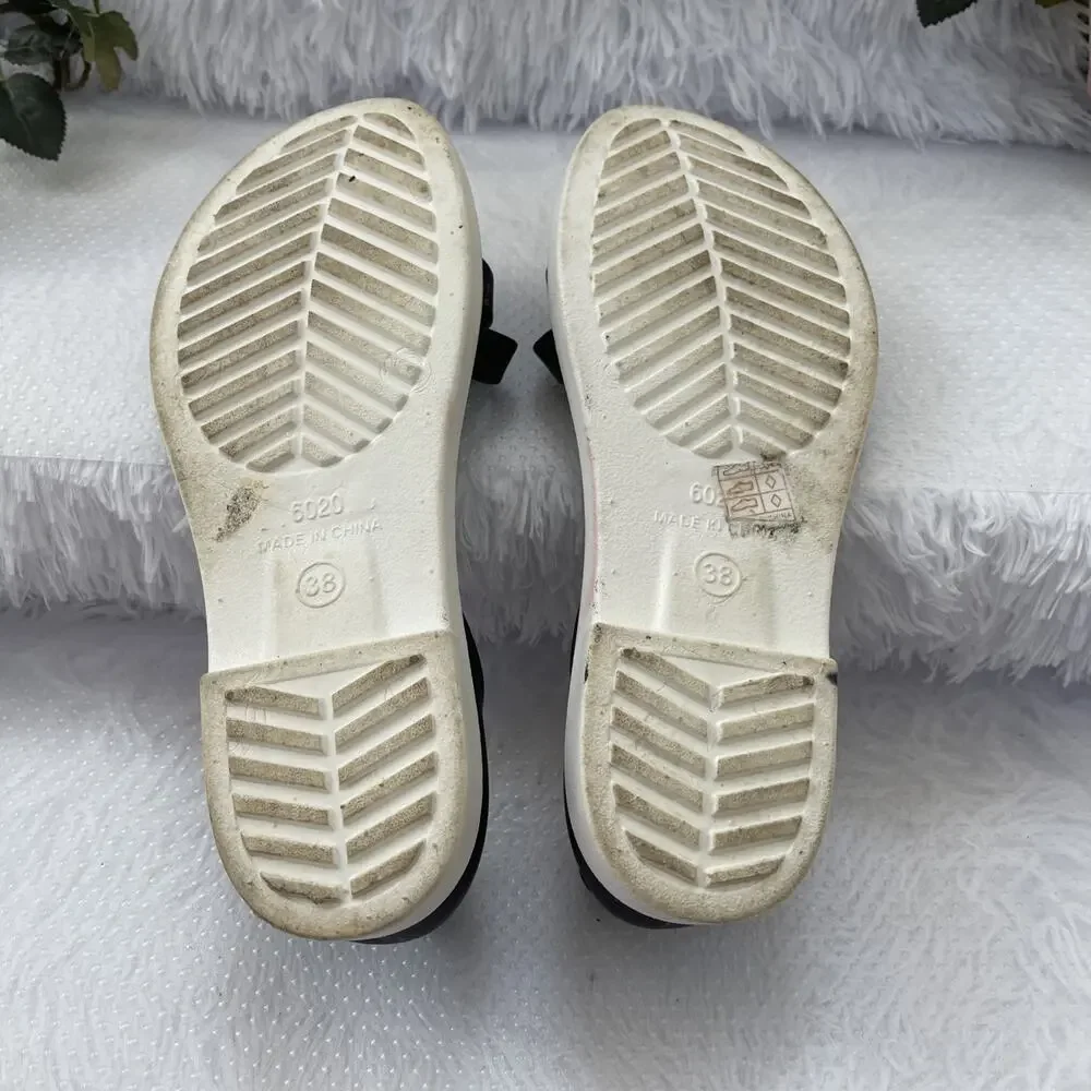 Black White Strappy Flat Sandals Women Size 38 Comfort Lightweight Casual Shoes